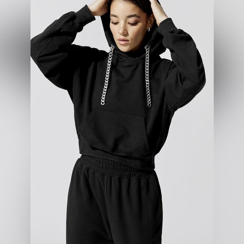 Carbon38 Black Long Sleeve Chain Drawstring Hoodie Crop Sweatshirt Sweater Top S